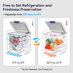 Megiu car fridge with lid open demonstrates accessible interior storage for beverages and snacks.