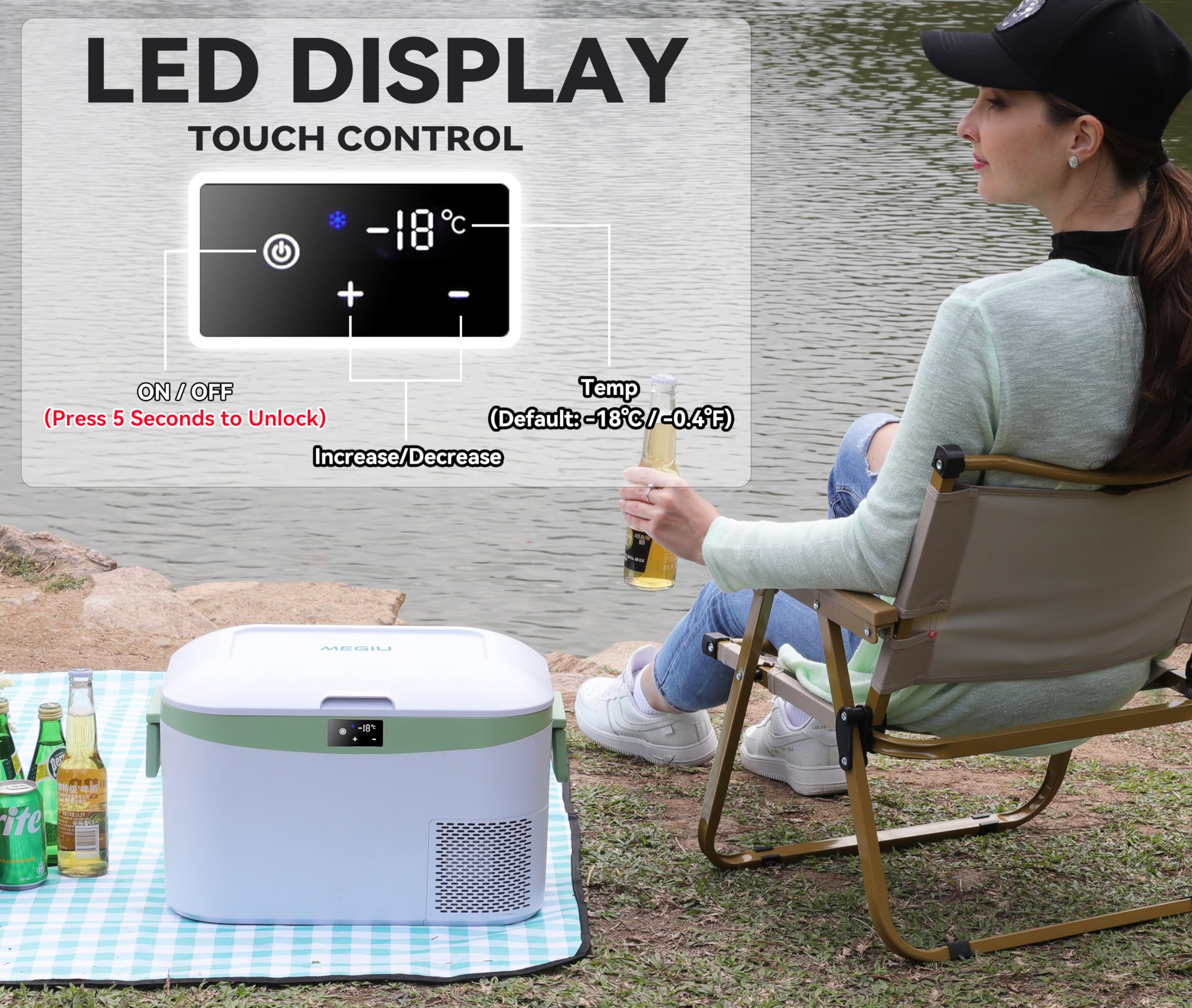 Megiu 12V portable refrigerator durable ABS shell withstands rough road conditions.