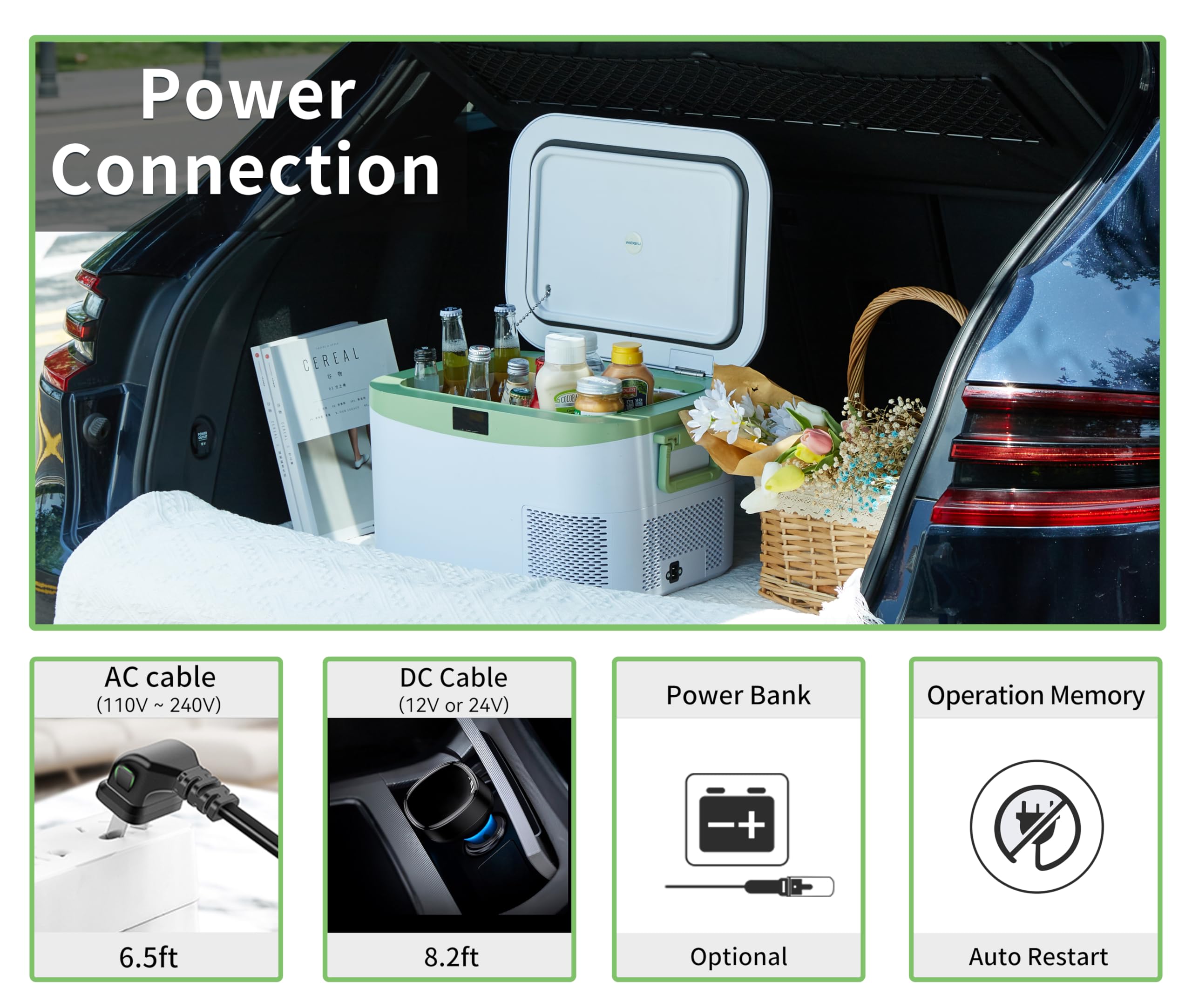 Megiu 12V portable refrigerator in-car use keeps drinks chilled during camping.