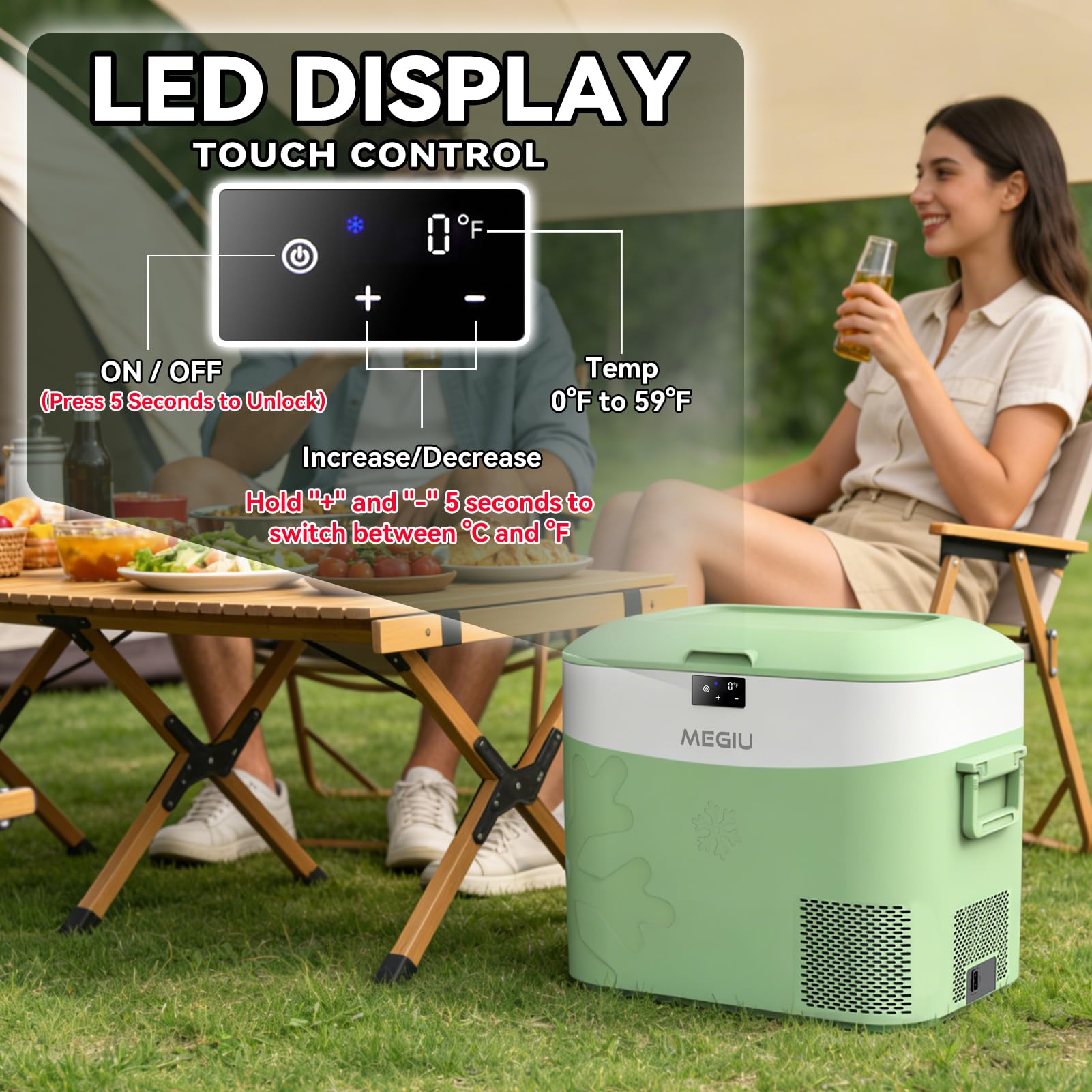 Megiu portable fridge supports AC and DC power options for travel.