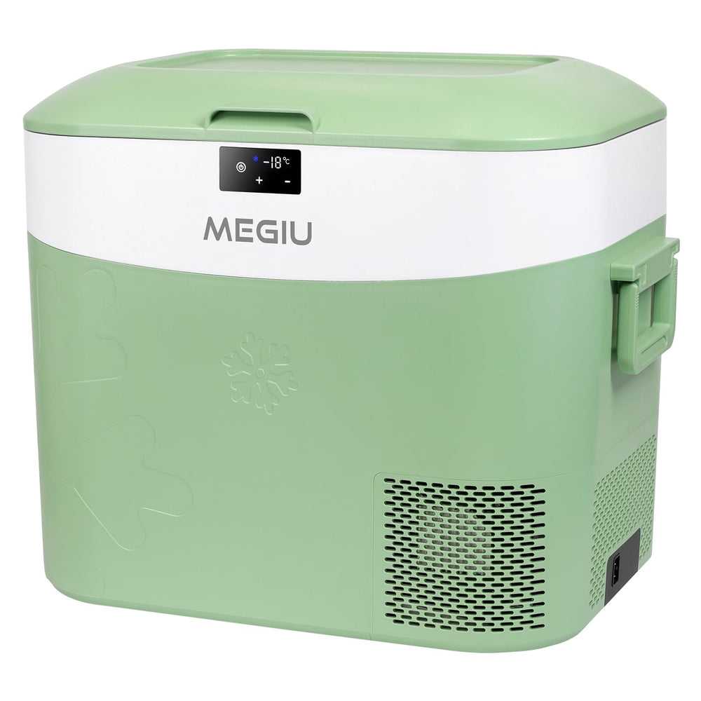 Megiu car fridge front view, compact travel design for road trips.
