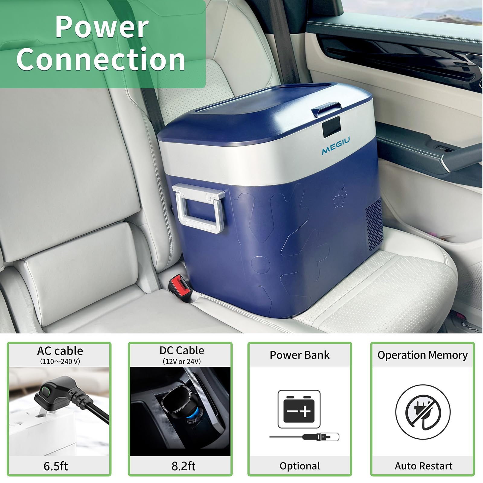 Megiu car refrigerator power cables illustrate flexible power options