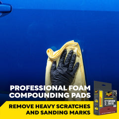 Meguiar's 5-inch foam compounding pad tackling heavy defects with a polisher