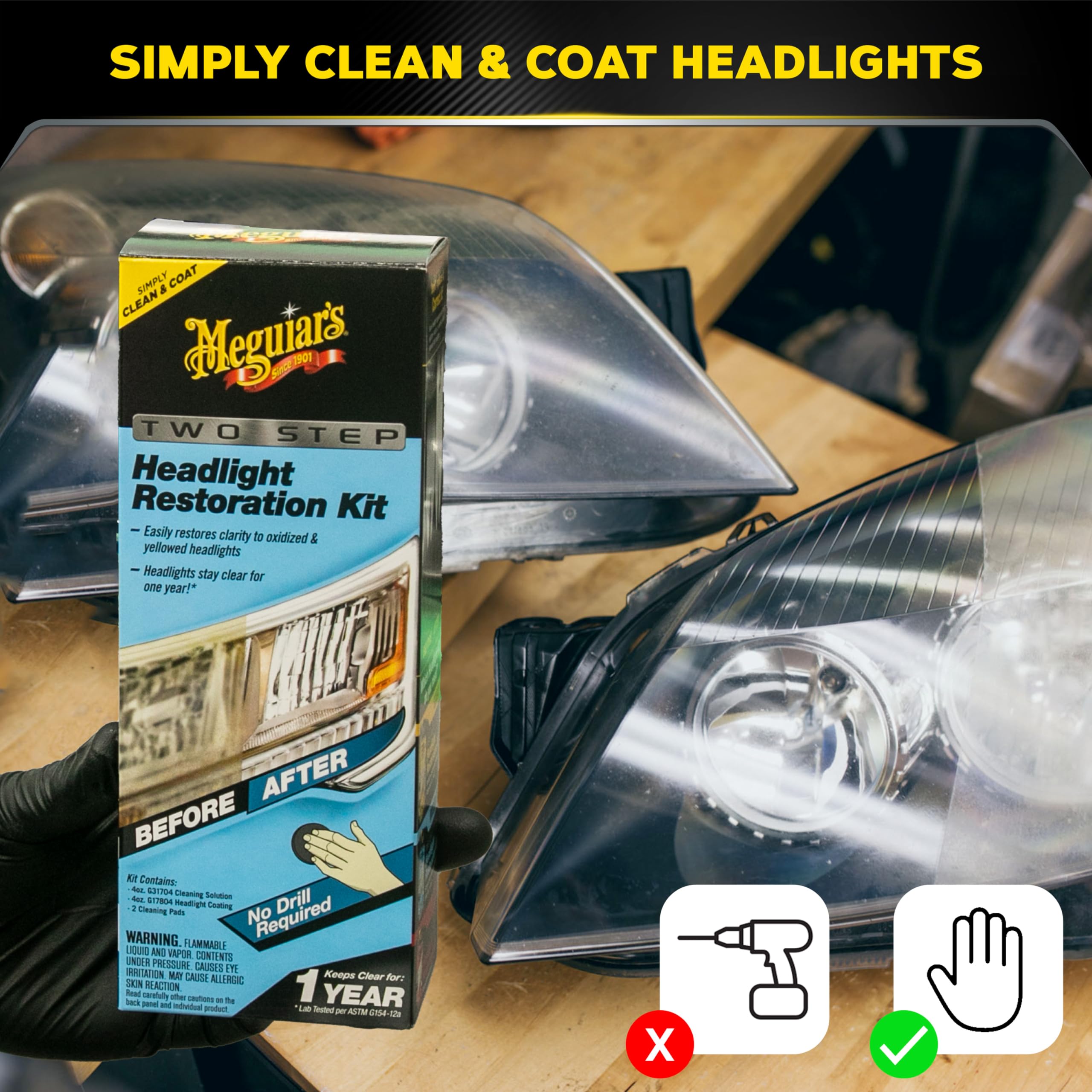Meguiar's abrasive pad used for manual restoration removing yellowing without drilling