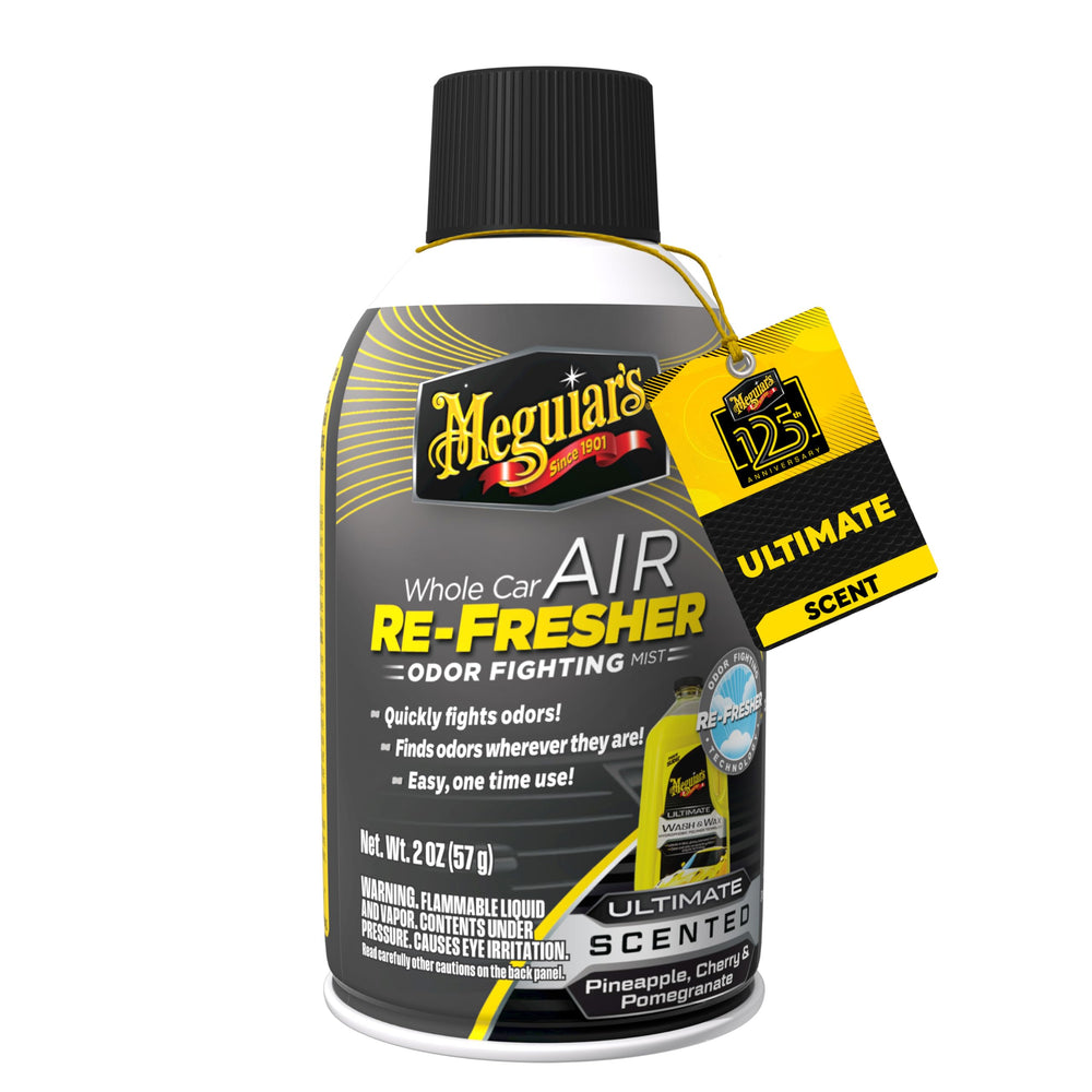Meguiar's Ultimate air refresher can releasing pineapple-cherry-pomegranate scent for a fresh interior.