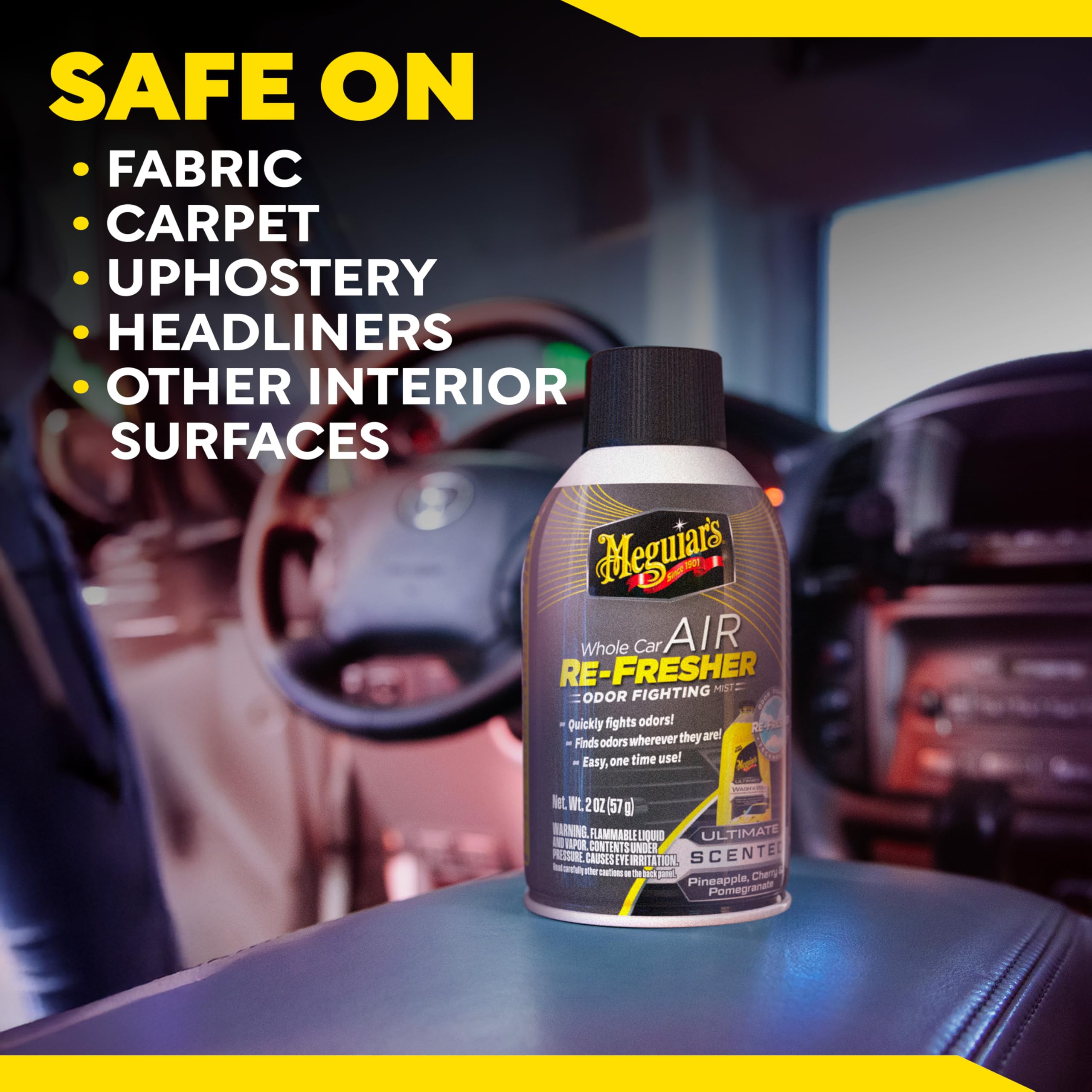 Meguiar's odor-fighter mist disperses odors through car vents for quick refresh.