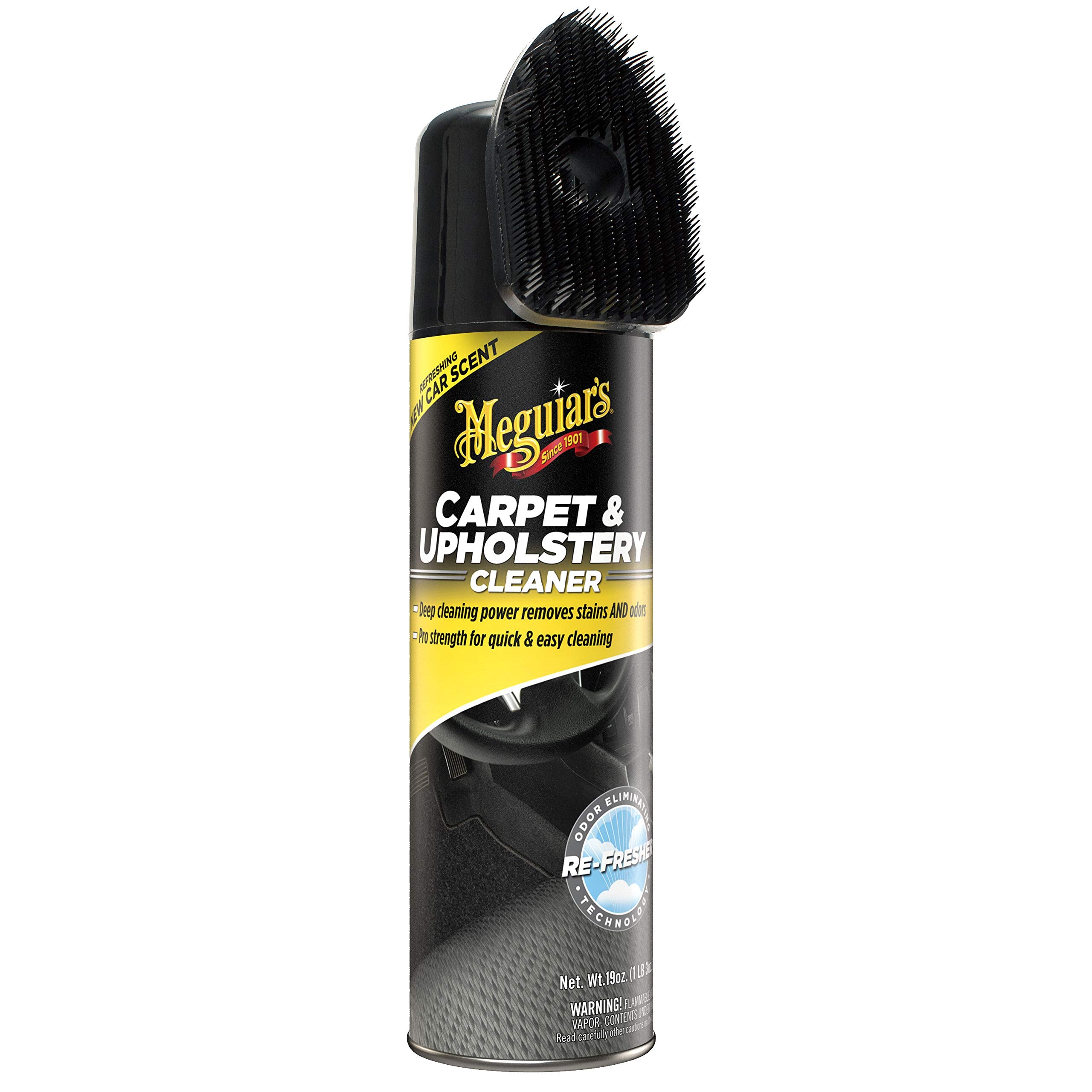 Meguiar's Carpet & Upholstery Cleaner bottle for deep stain removal and fresh smell