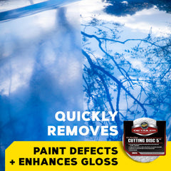Meguiar's DMC5 DA 5-inch cutting disc closeup highlights microfiber weave and defect removal potential.