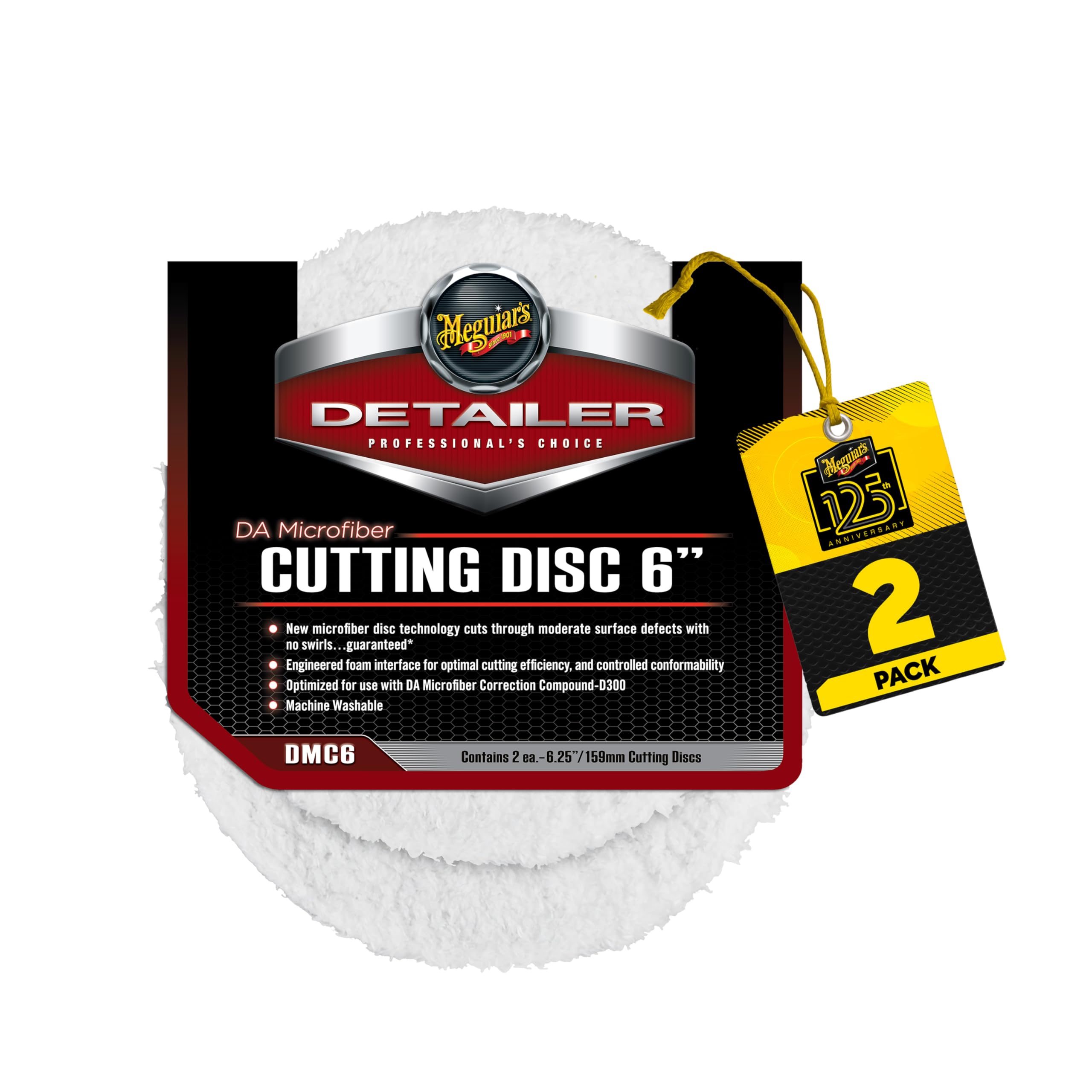 Meguiar's DMC6 DA 6-inch cutting disc close-up for defect removal on painted surfaces.