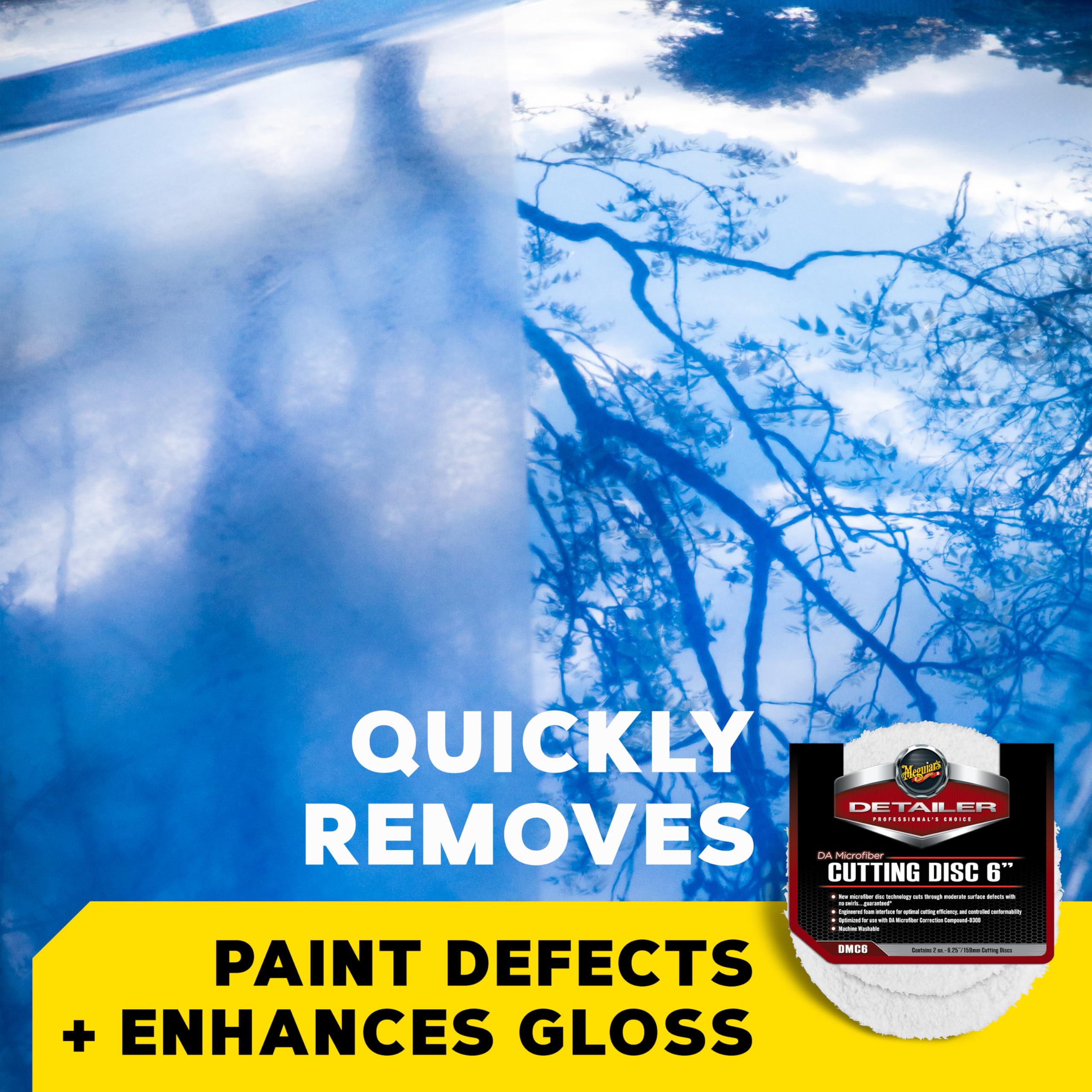 Meguiar's DMC6 on a DA polisher showing controlled cutting with foam interface.