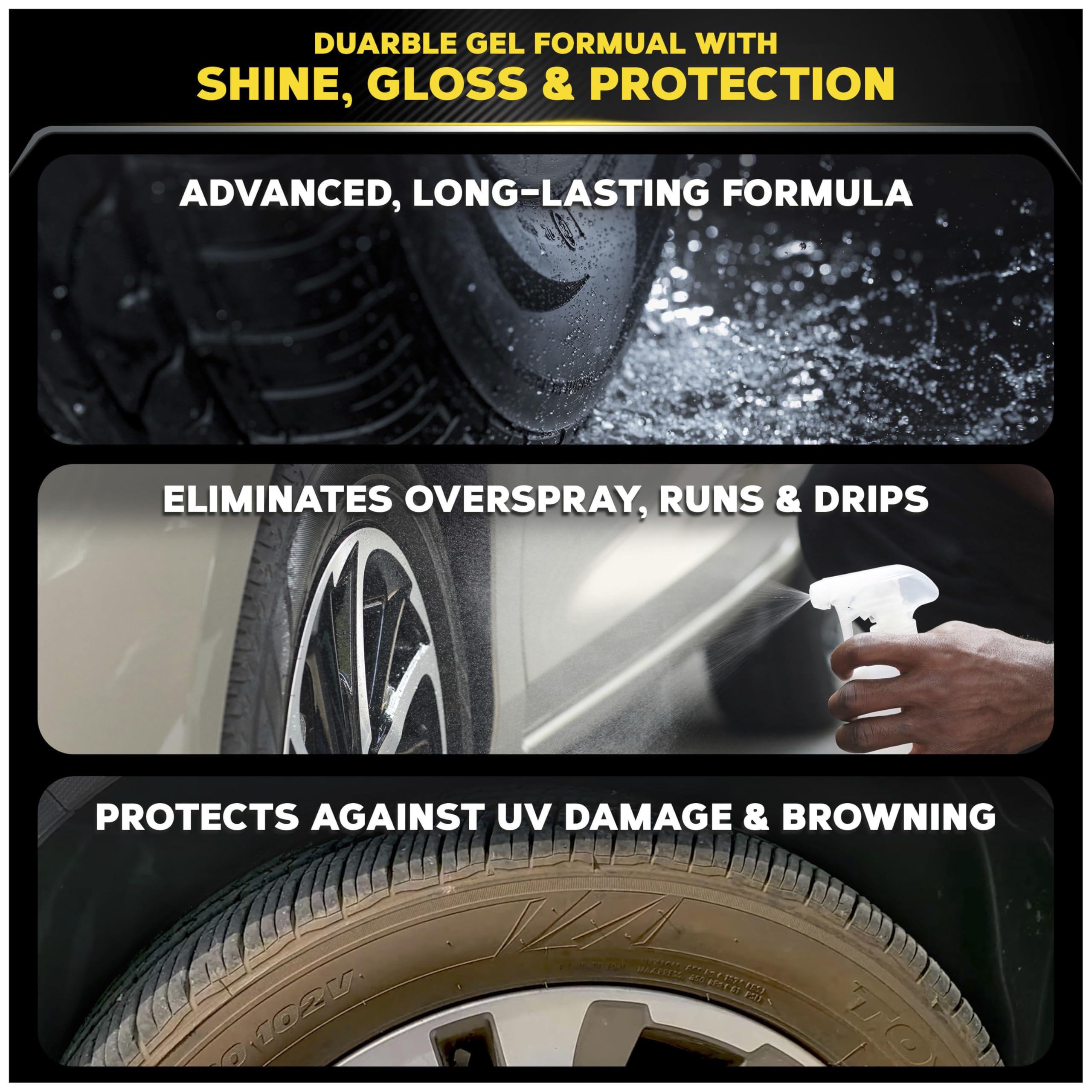 Soft foam applicator spreading Meguiar's Endurance Tire Gel on a tire