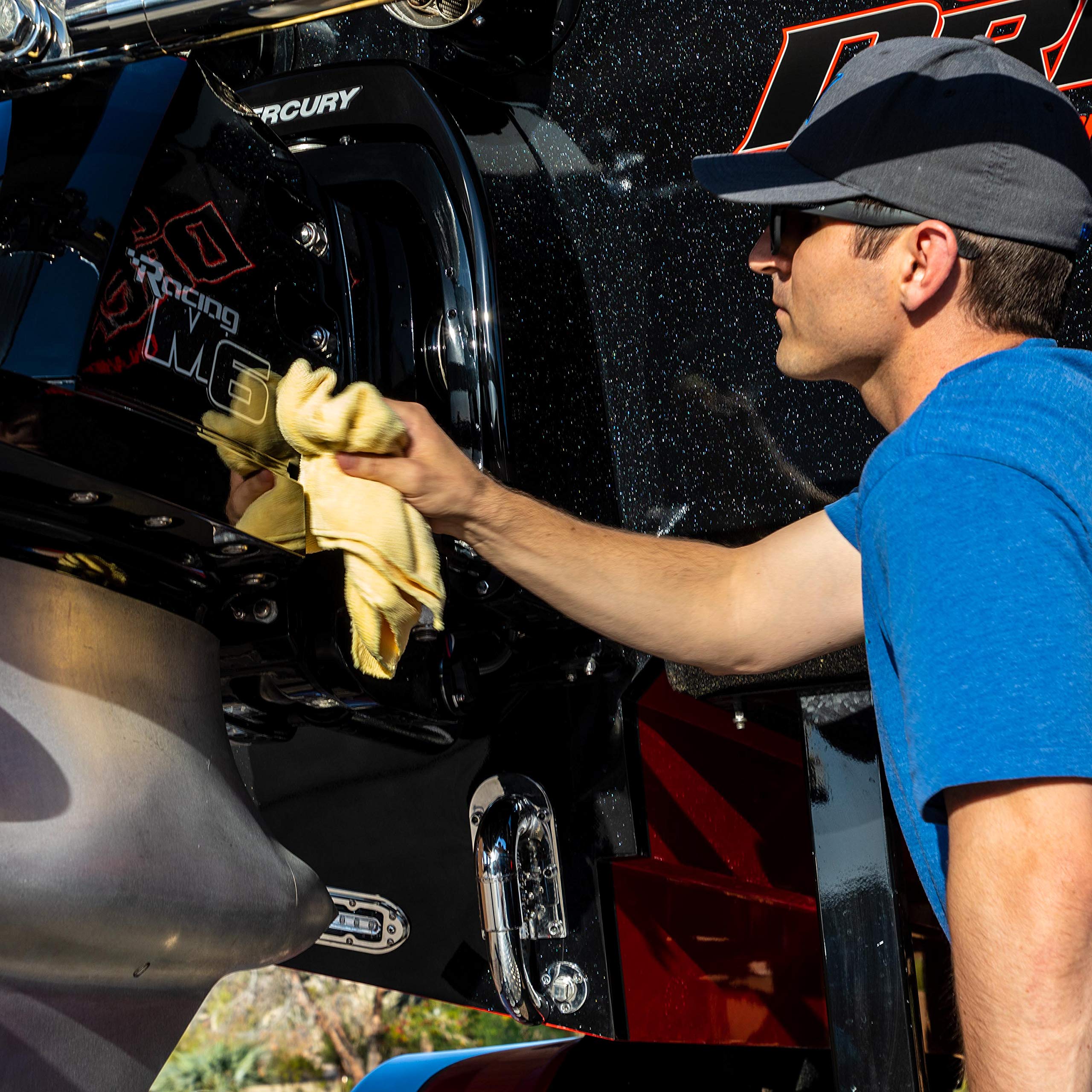Sunlight highlights UV inhibitors protecting the finish on marine surfaces.
