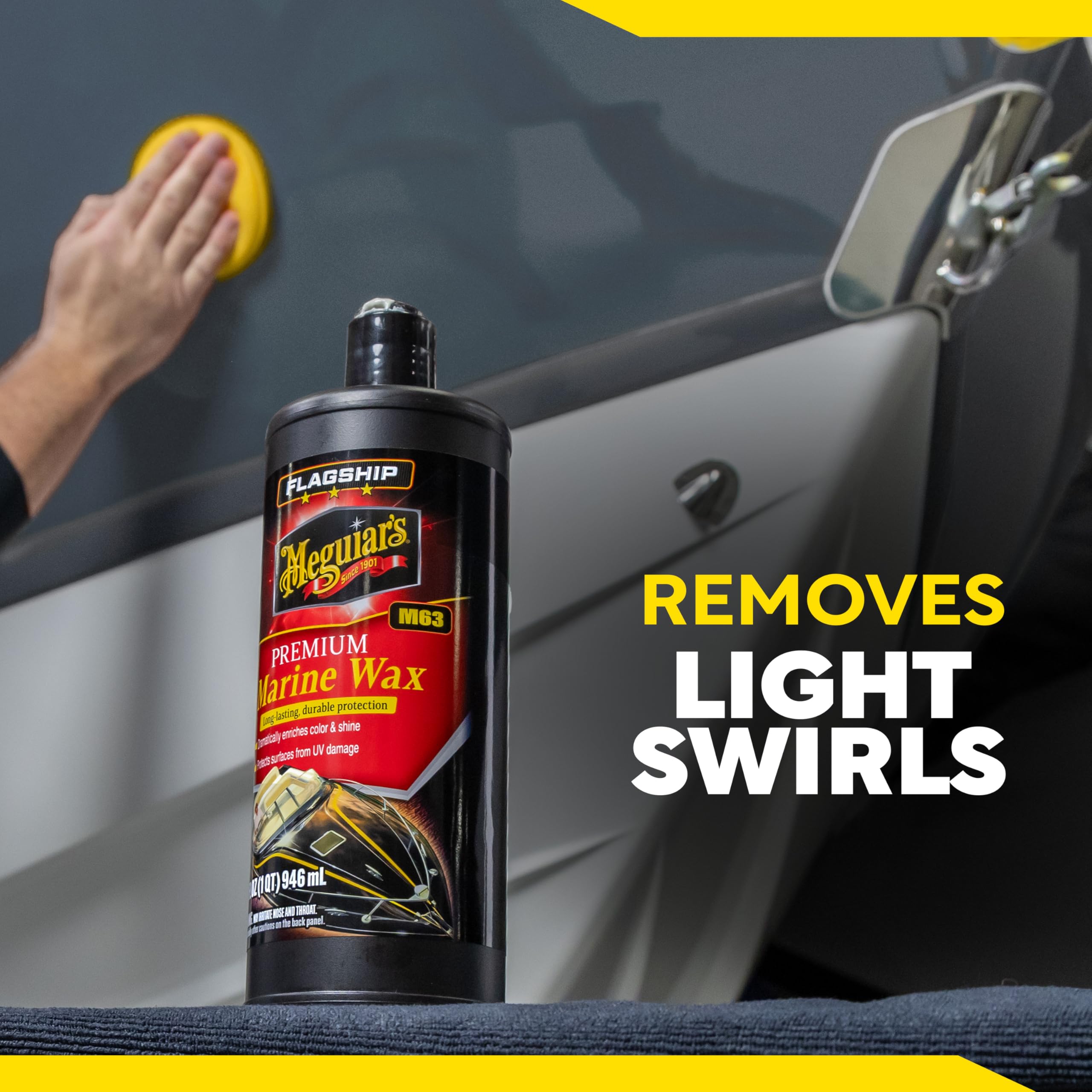 Meguiar's Flagship Marine Wax works with dual-action polisher for professional results.