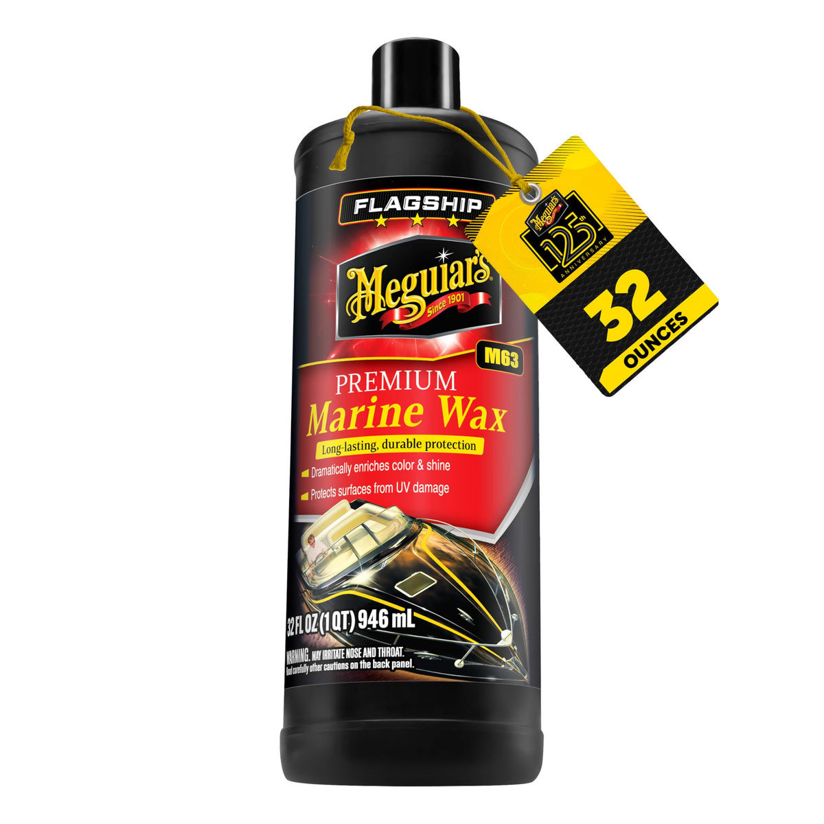 Meguiar's Flagship Marine Wax bottle pouring for easy application and glossy protection.