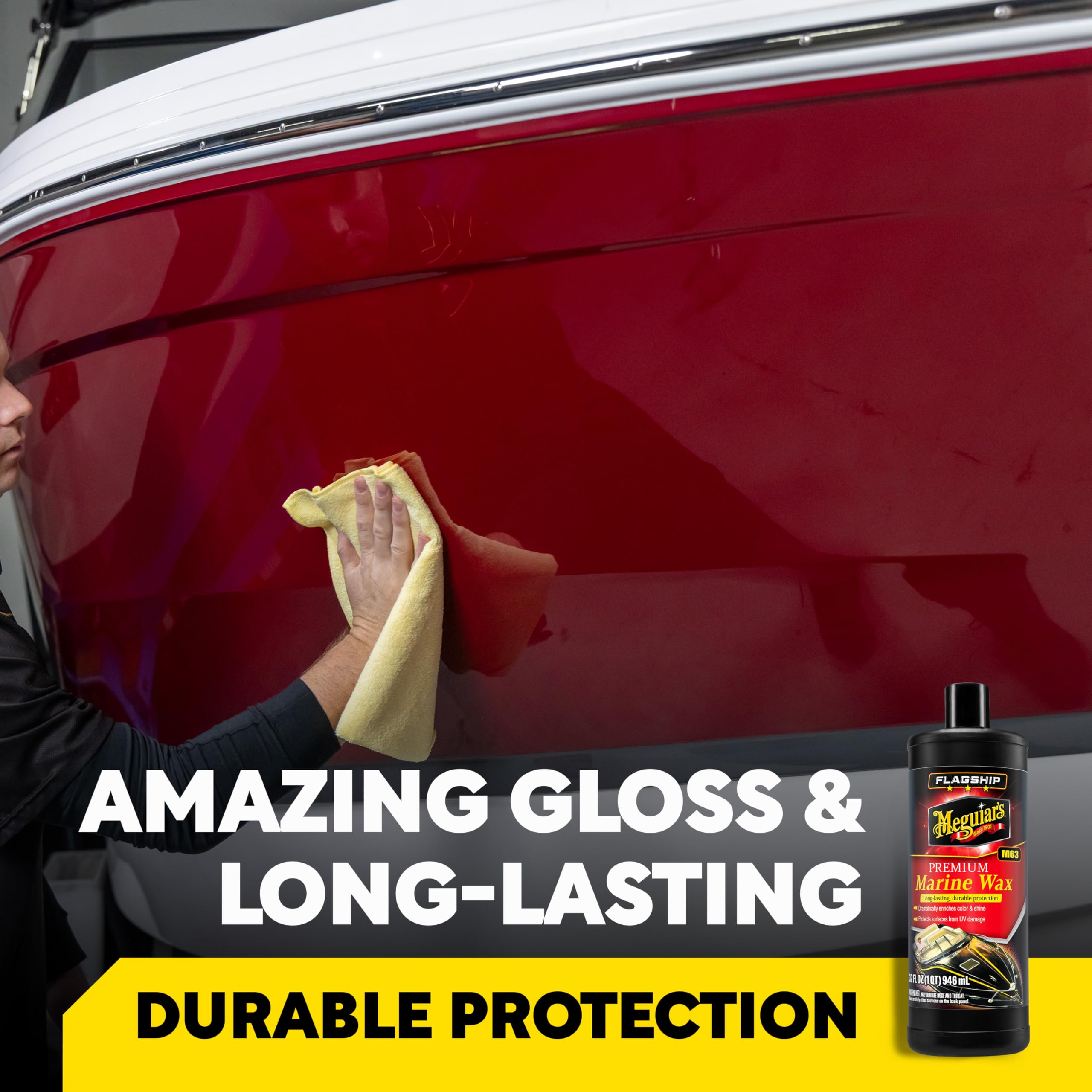 Meguiar's Flagship Marine Wax delivers deep gloss on gel coat and fiberglass surfaces.