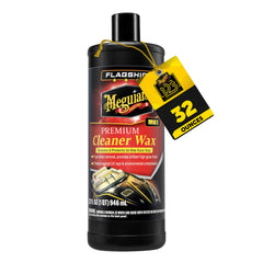 Meguiar's Flagship cleaner wax bottle pour showing quick one-step defect removal and gloss