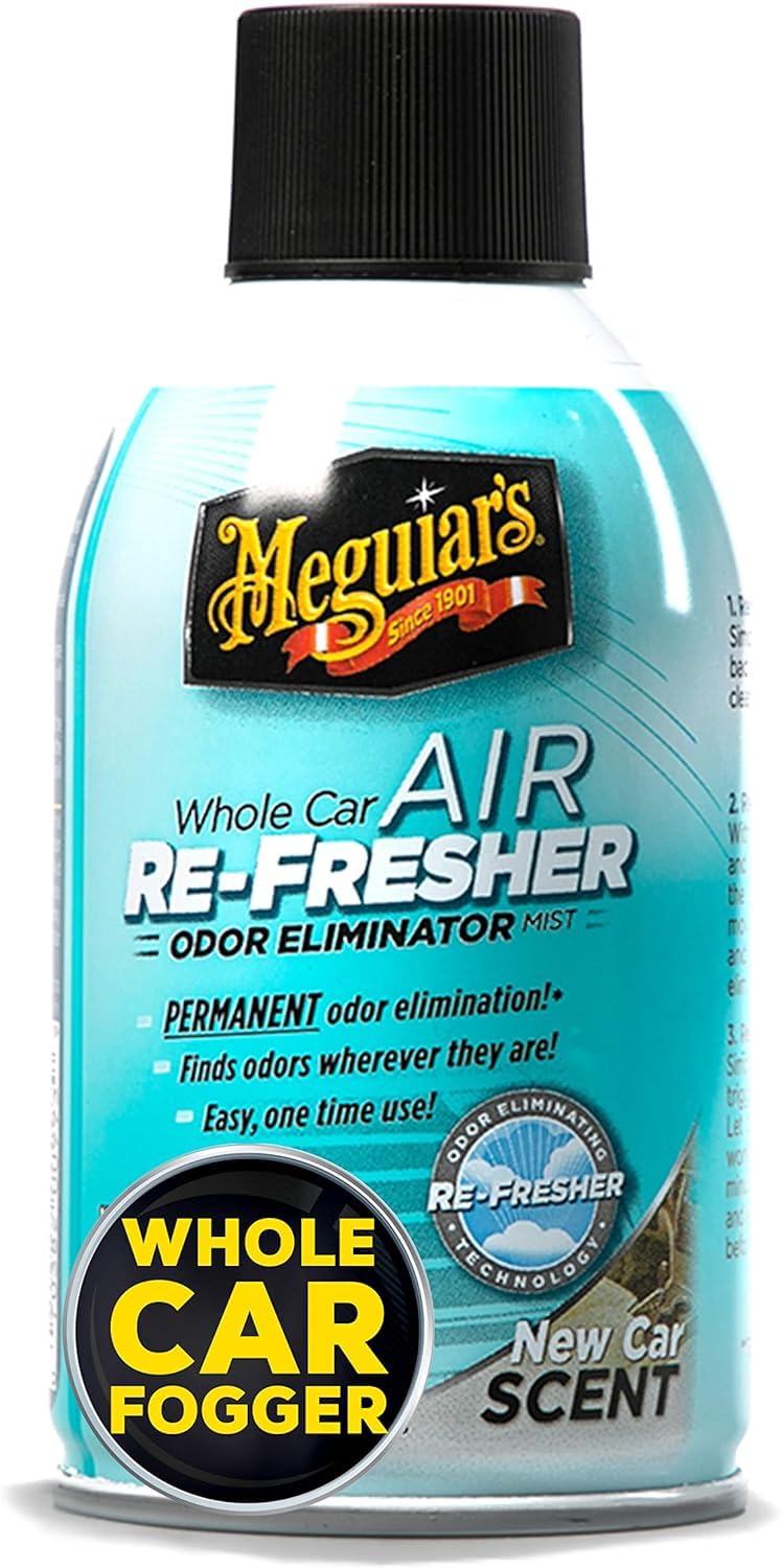 Meguiar's G16402 inside-car mist-action demonstrates quick odor-neutralizing application.