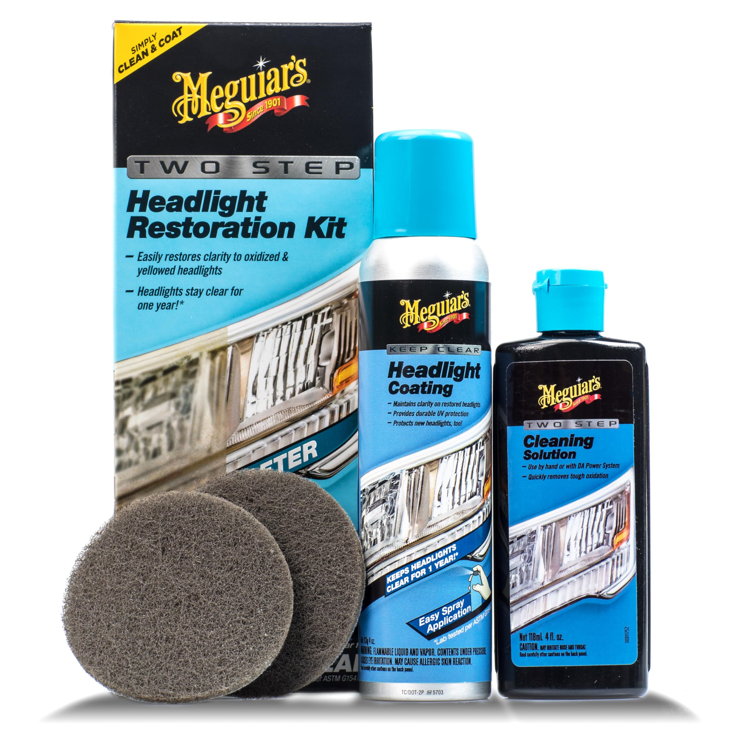 Meguiar's headlight cleaning solution bottle showing oxidation removal for clearer headlights