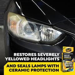 Meguiar's headlight kit cleaning solution removes oxidation for clarity