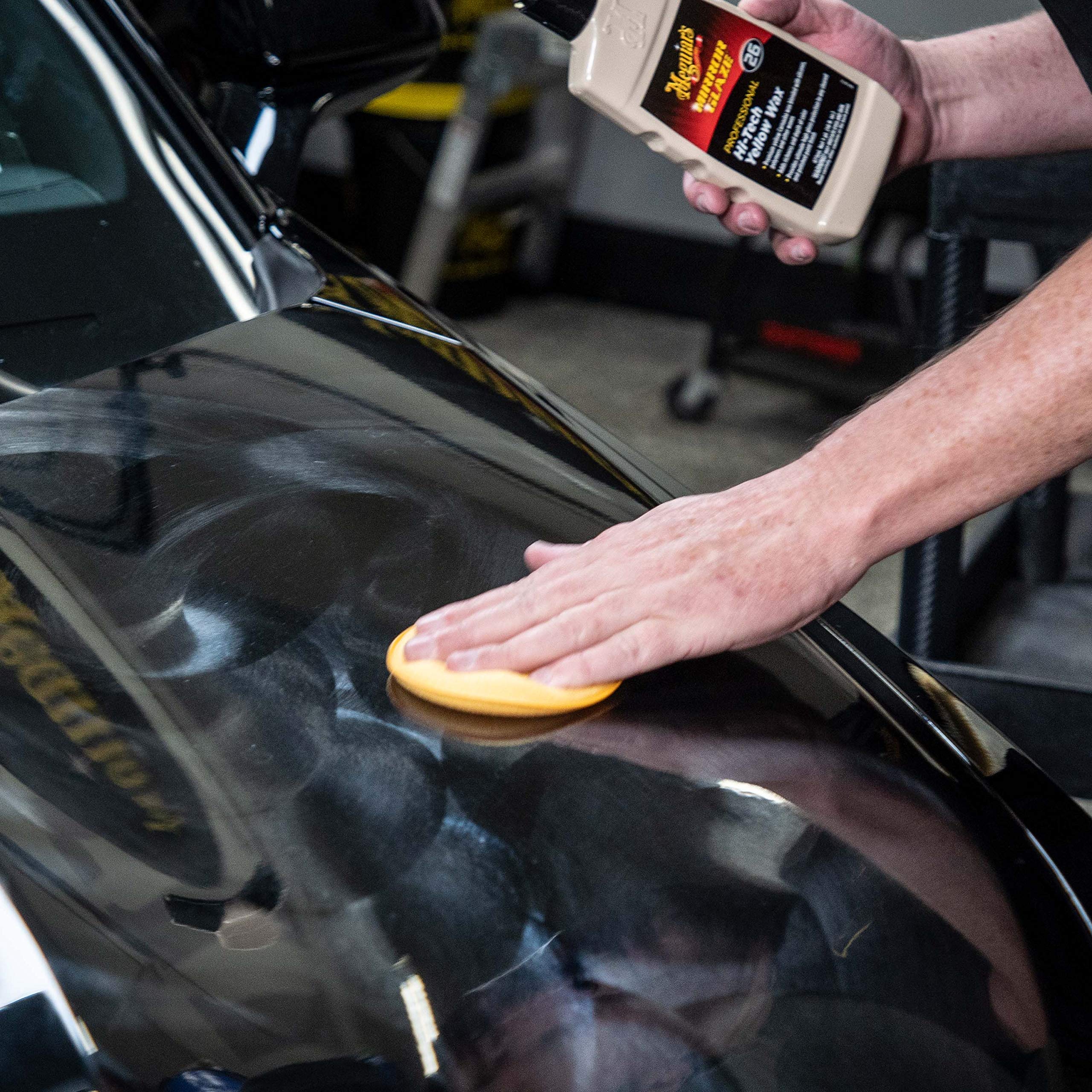 Meguiar's Hi-Tech Yellow Wax safe for clear coats, enhancing shine without staining.