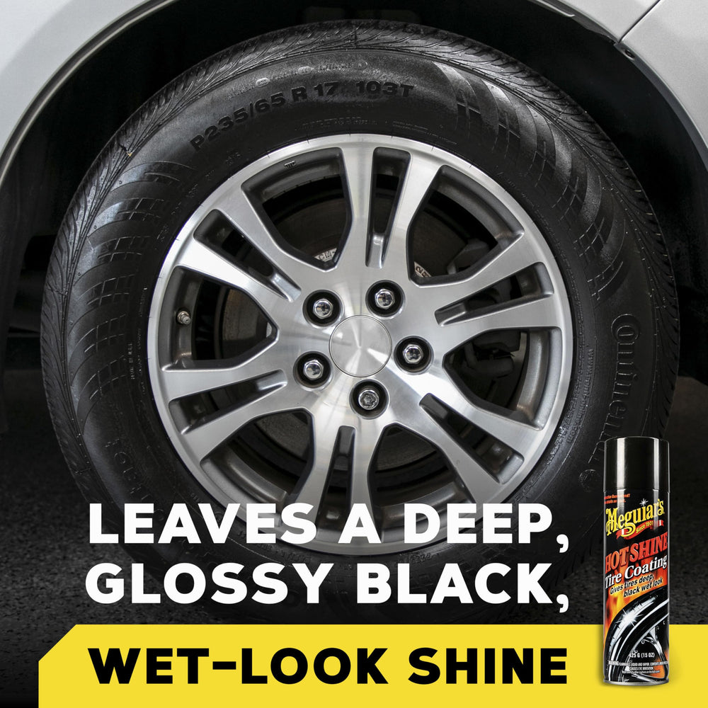 Meguiar's Hot Shine spray provides quick, even tire sidewall coverage after washing.