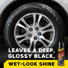 Meguiar's Hot Shine before-after tire gloss shows dramatic dark, glossy appearance.