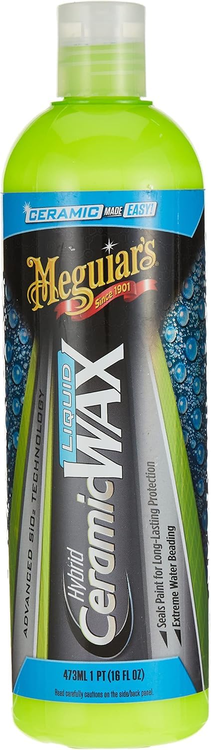 Meguiar's Hybrid Ceramic Liquid Wax bottle provides durable paint protection and shine.