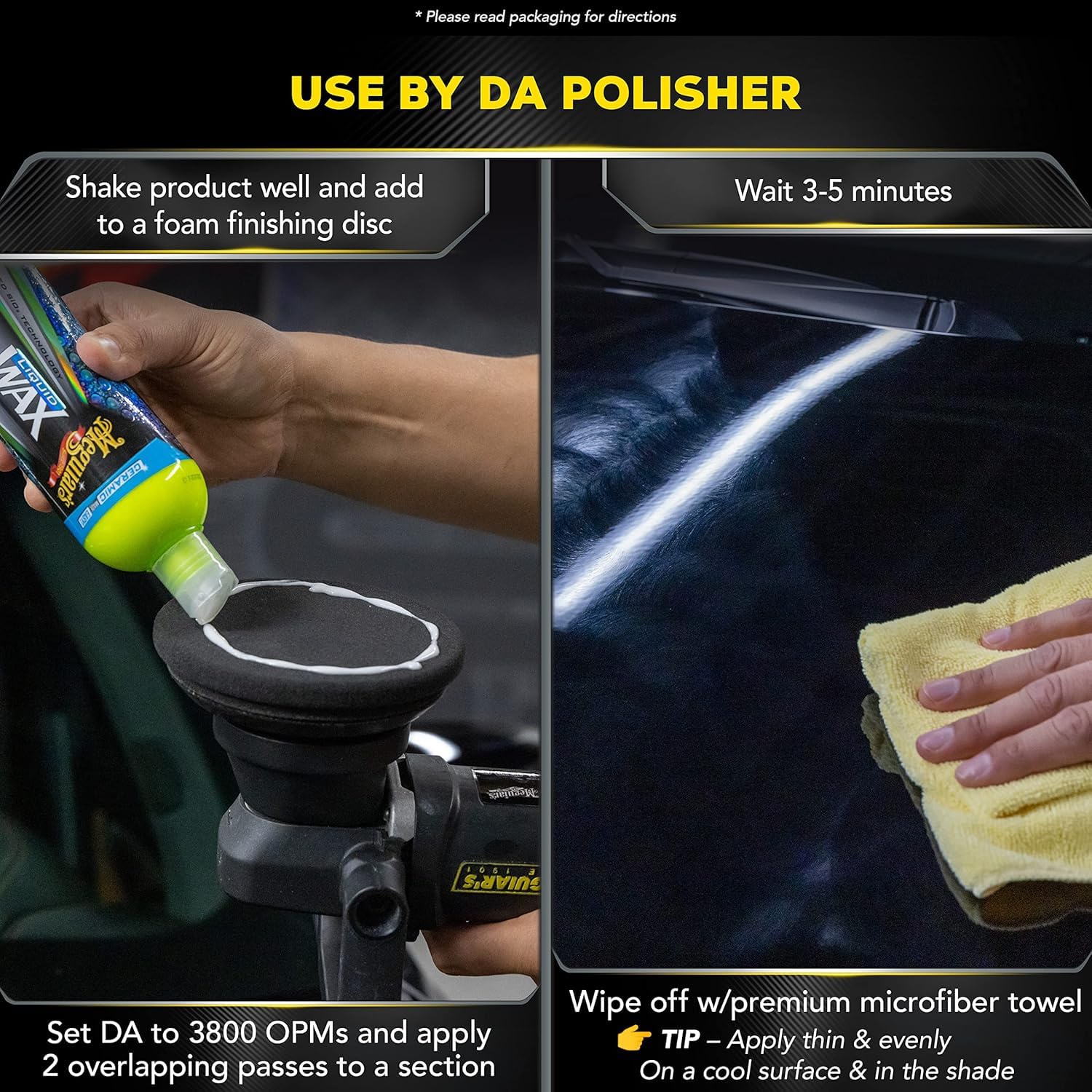 Meguiar's Hybrid Ceramic Liquid Wax on vehicle panel enhances gloss and water beading.