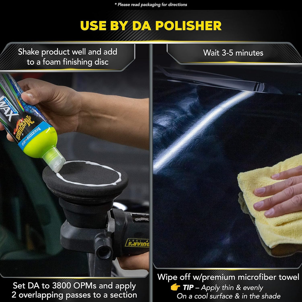 Meguiar's Hybrid Ceramic Liquid Wax on vehicle panel enhances gloss and water beading.