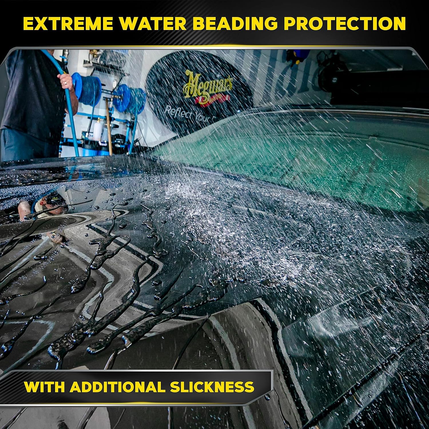 Meguiar's Hybrid Ceramic Liquid Wax water beading closeup shows hydrophobic surface effect.