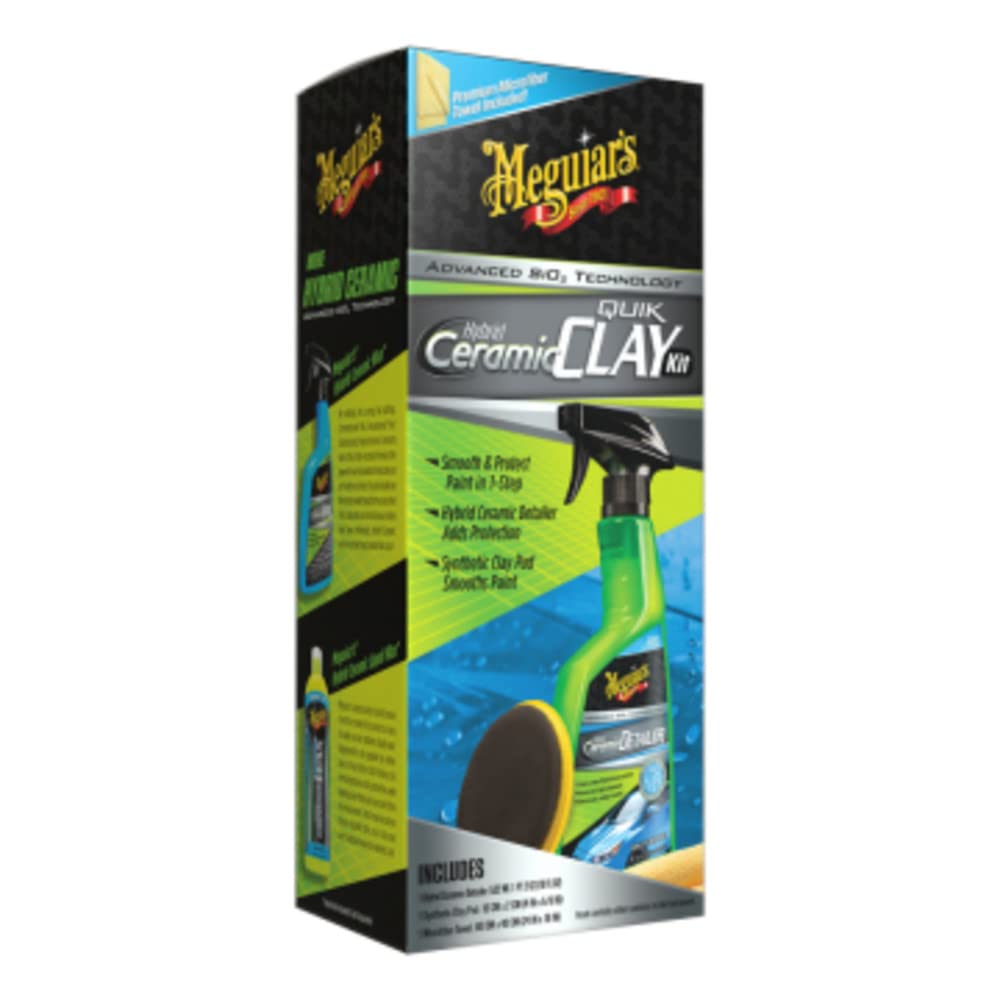 Meguiar's Hybrid Ceramic Quik Clay Kit assembled for a smooth finish and water beading protection.