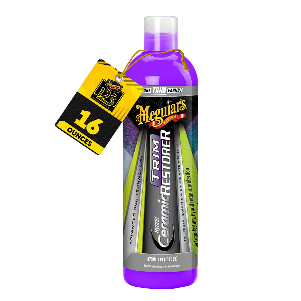 Meguiar's Hybrid Ceramic Trim Restorer bottle pour for easy, long-lasting exterior trim protection.