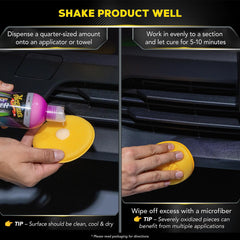 Meguiar's solution works on bumpers, moldings, and trim areas for renewed look.