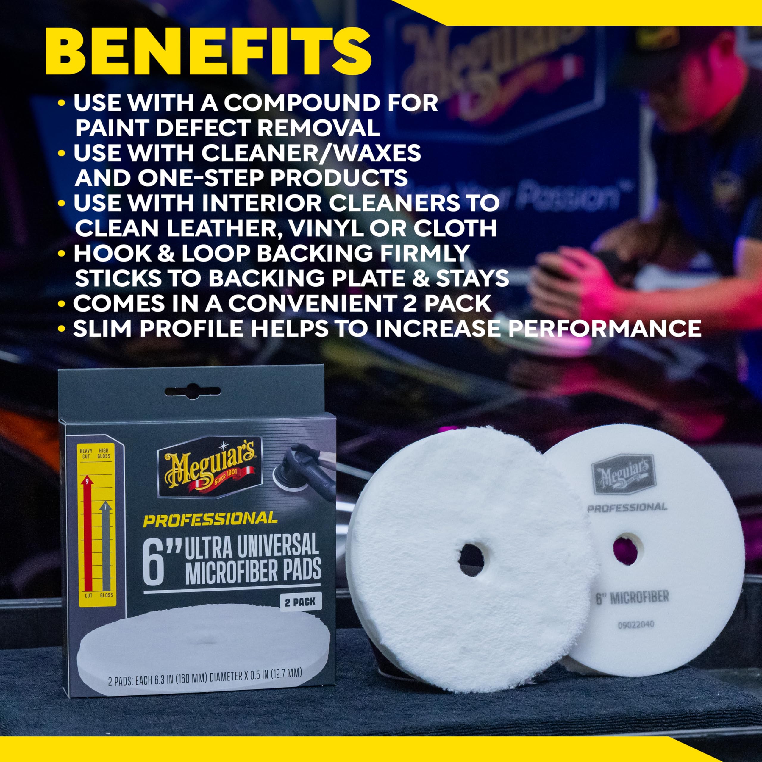 Meguiar's interior cleaning pad applied on leather, vinyl, or cloth surfaces.