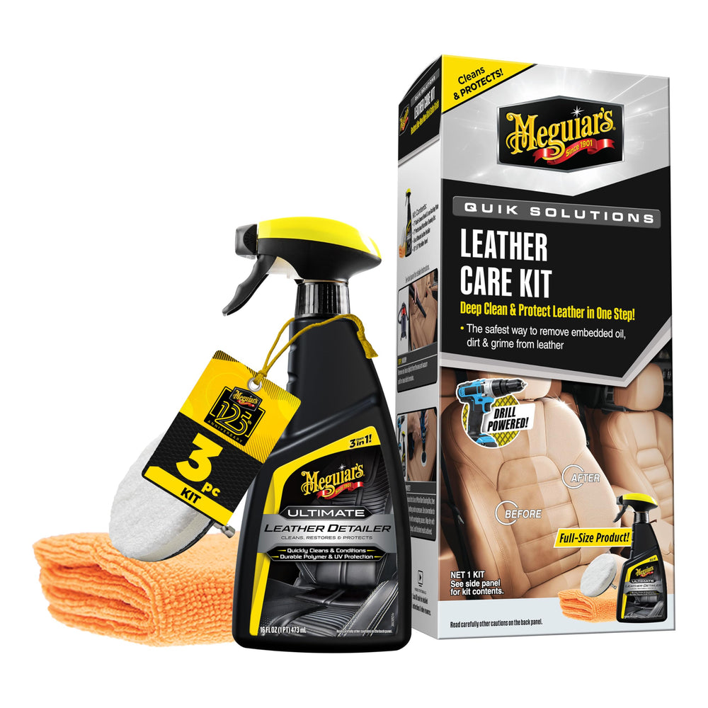 Meguiar's Leather Care Kit bottle close-up showing premium cleaner for spotless leather