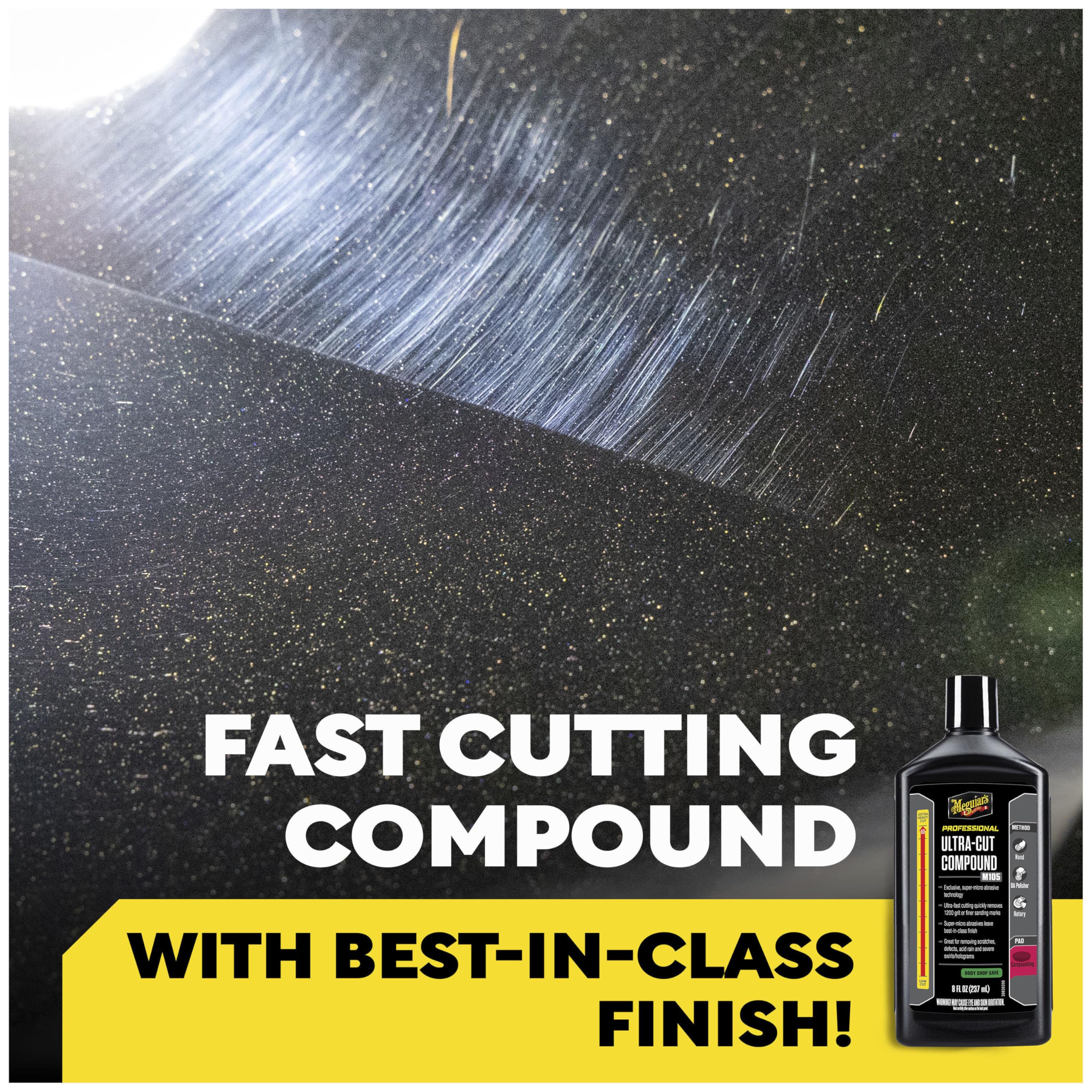 Meguiar's M105 Ultra-Cut Compound on a car panel demonstrates heavy defect removal