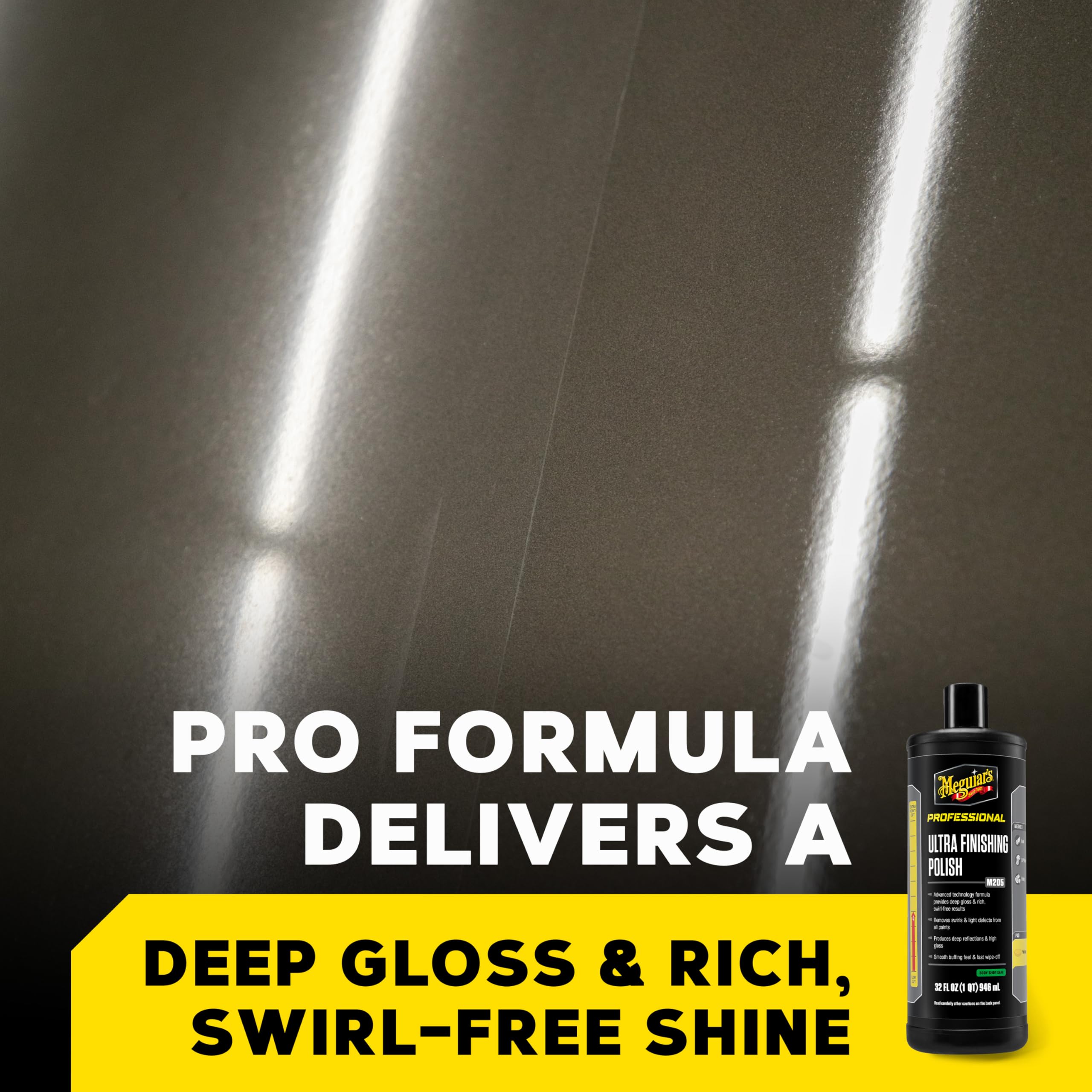 Meguiar's M205 bottle on workspace demonstrates portable, easy use