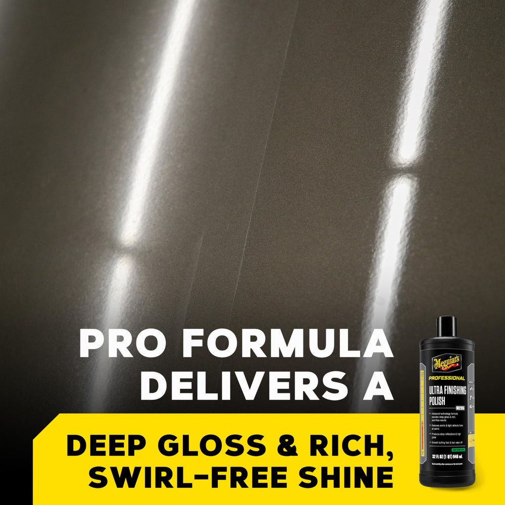 Meguiar's M205 bottle on workspace demonstrates portable, easy use