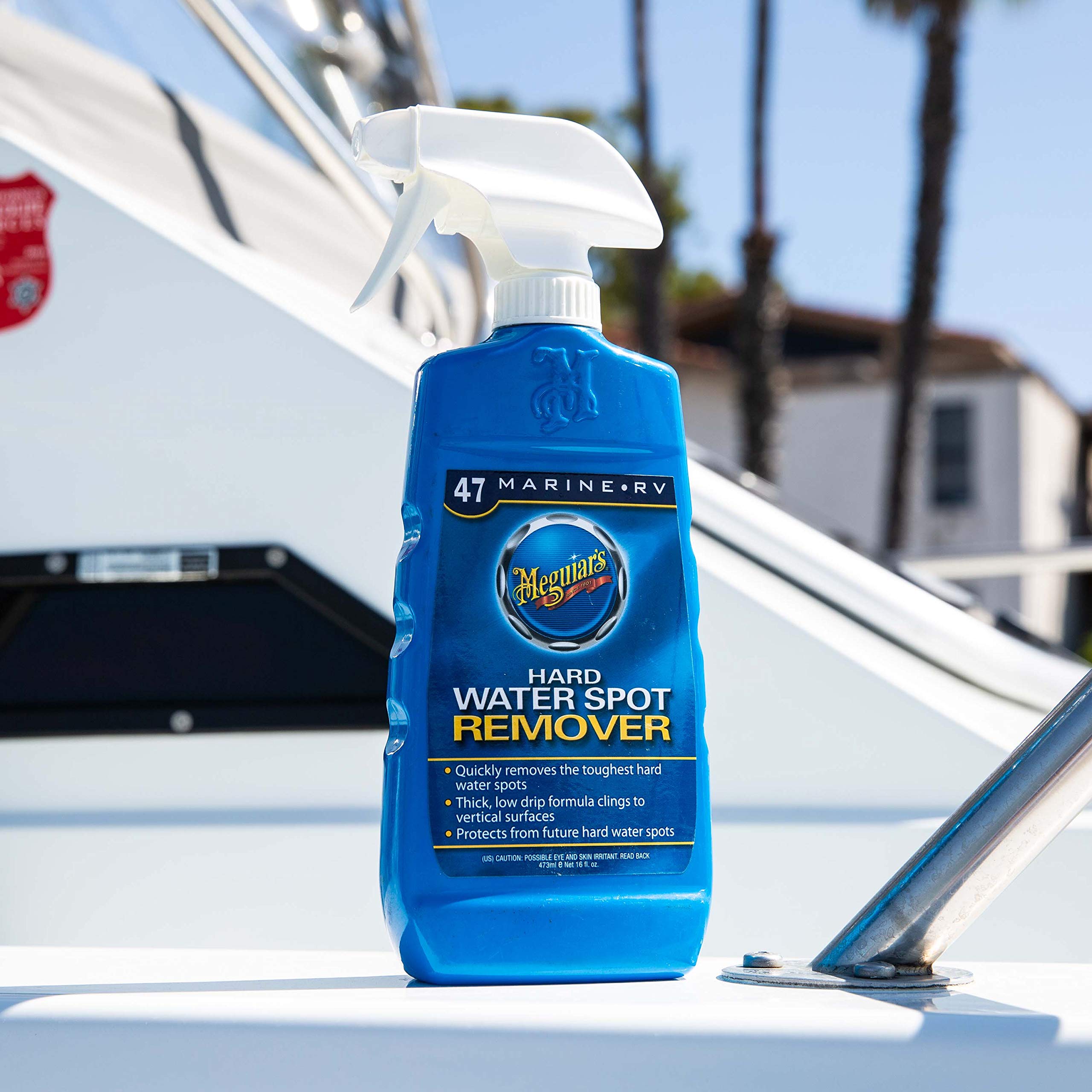 Meguiar's M4716 spray application demonstrates quick, spray-on water spot removal on boats