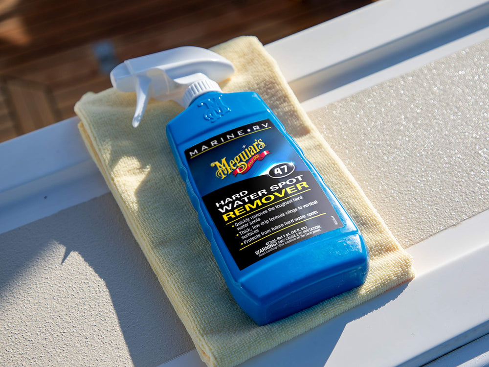 Meguiar's M4716 surface after-use shows restored gloss on fiberglass and gel coat