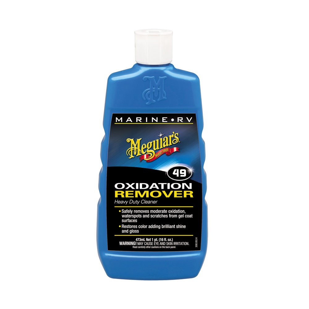 Meguiar's M4916 bottle removes heavy oxidation from marine finishes, restoring color and gloss.