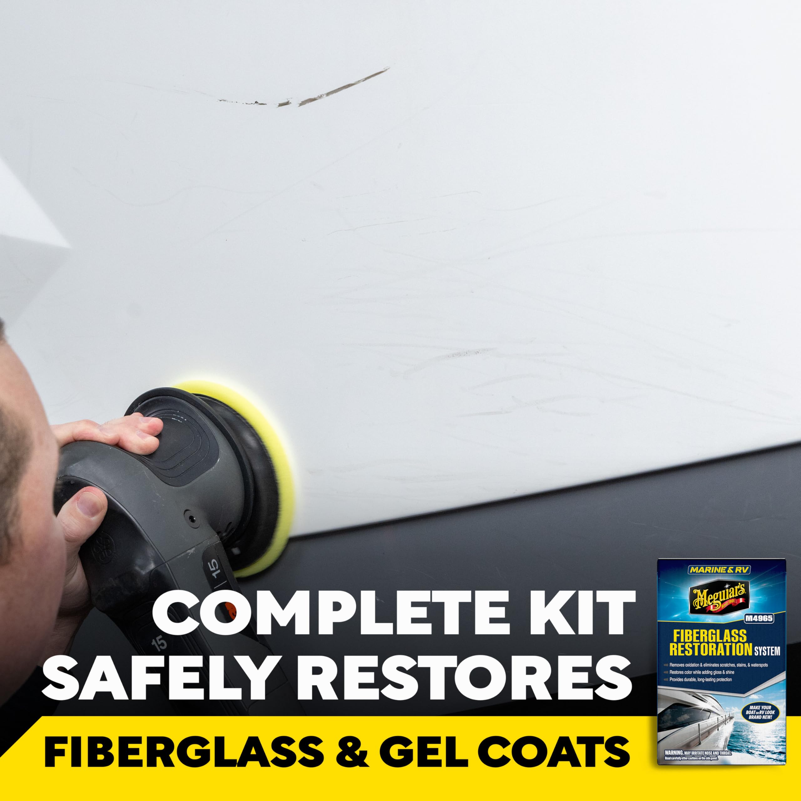 Meguiar's M4965 high gloss polish for boats enhances shine and protection.