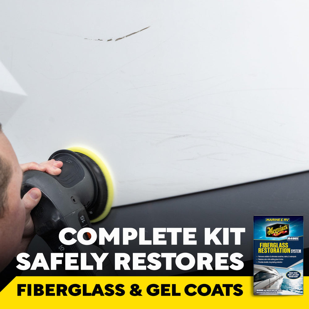 Meguiar's M4965 high gloss polish for boats enhances shine and protection.