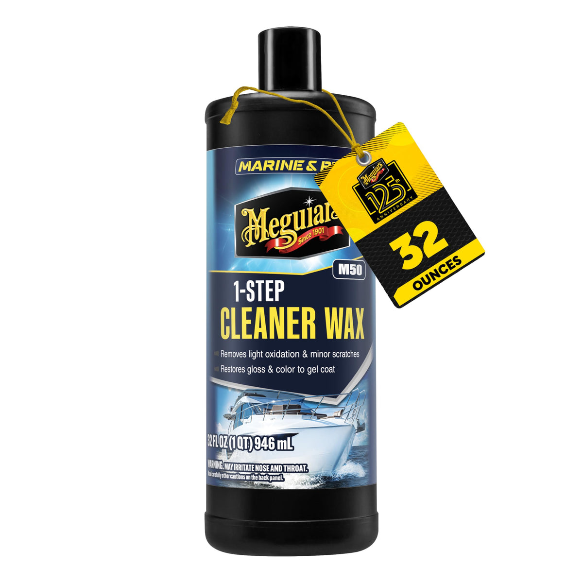 Meguiar's M5032 bottle front shows all-in-one cleaner wax for marine and RV surfaces.