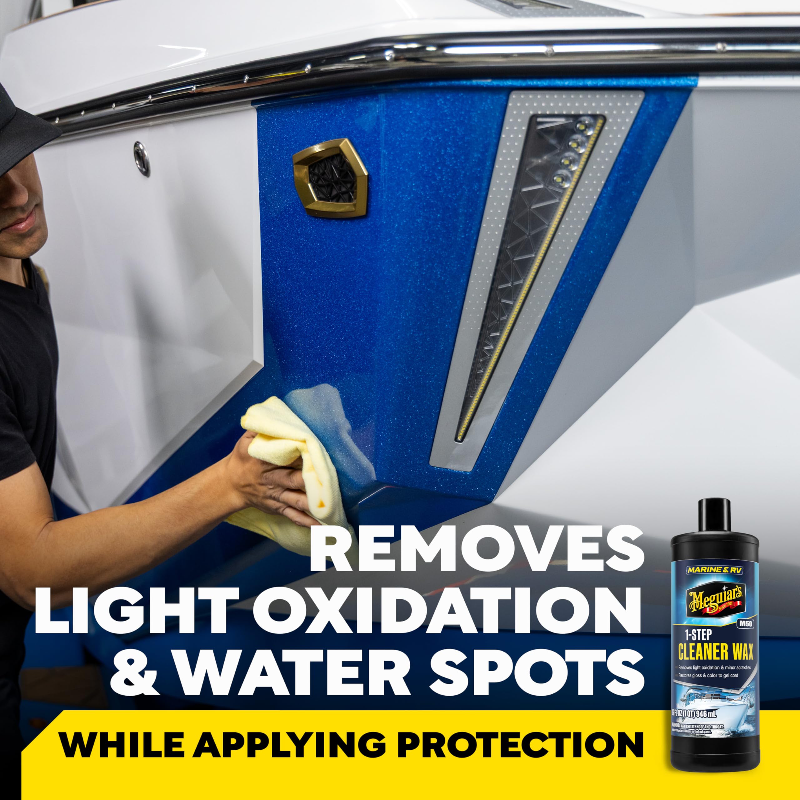 Meguiar's M5032 bottle label closeup highlights easy one-step cleaning and protection.