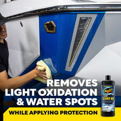 Meguiar's M5032 bottle label closeup highlights easy one-step cleaning and protection.