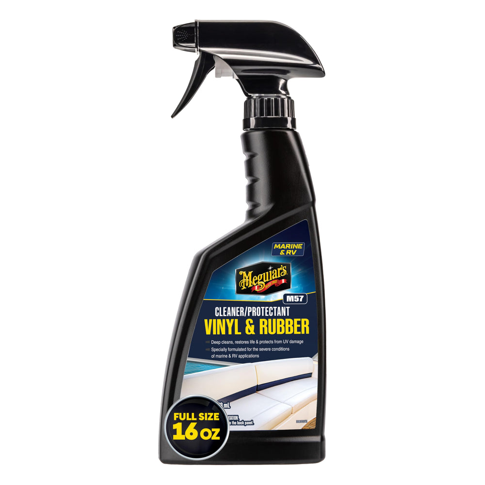 Meguiar's M5716 vinyl cleaner bottle ready for deep cleaning on boat vinyl