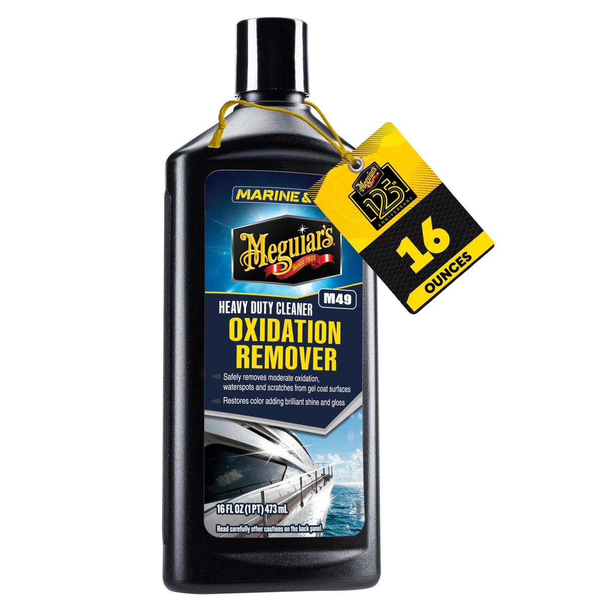 Meguiar's Marine/RV Heavy Duty Oxidation Remover bottle close-up shows strong oxidation removal.