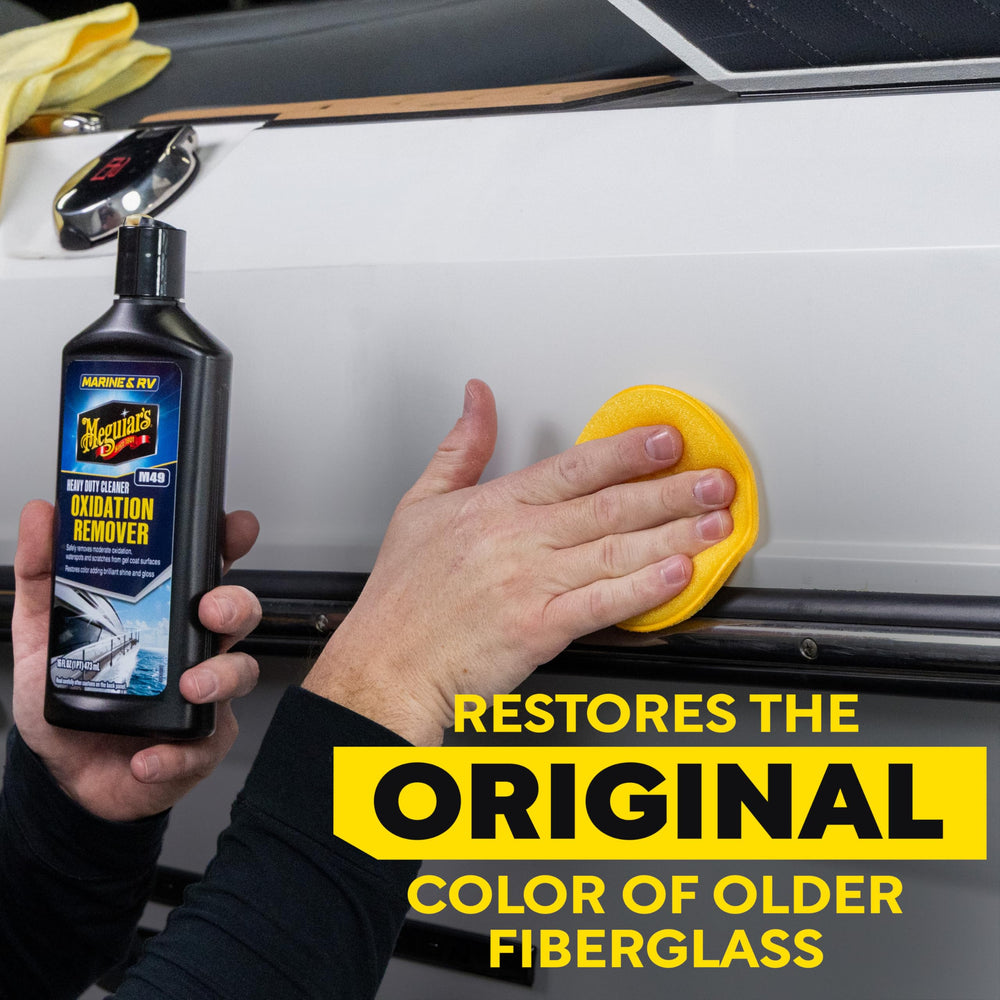 Meguiar's Oxidation Remover removes water spots on fiberglass.