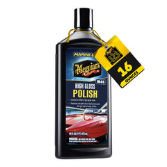 Meguiar's Marine/RV High Gloss Polish bottle enhances gel coat shine and protection.